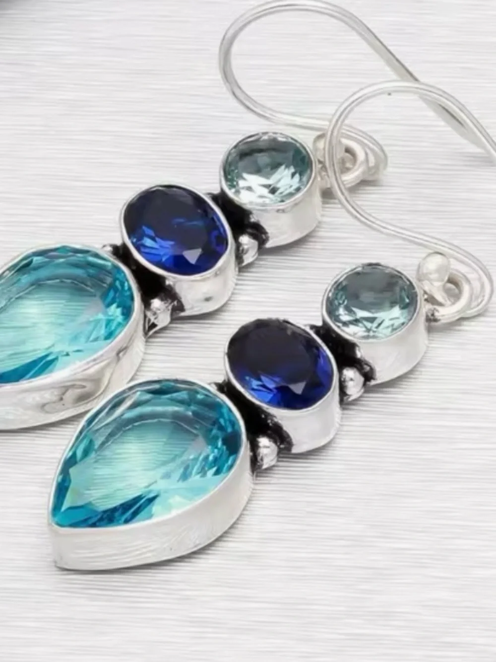 Silver Drop Earrings Blue and Teal Stones Boho style for day or evening NWOT - Picture 4 of 5